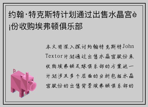 约翰·特克斯特计划通过出售水晶宫股份收购埃弗顿俱乐部 约翰·特克斯特计划通过出售水晶宫股份收购埃弗顿俱乐部