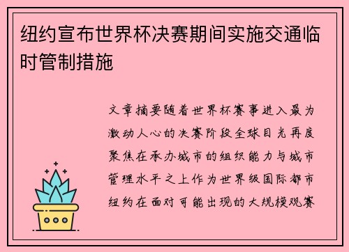 纽约宣布世界杯决赛期间实施交通临时管制措施 纽约宣布世界杯决赛期间实施交通临时管制措施